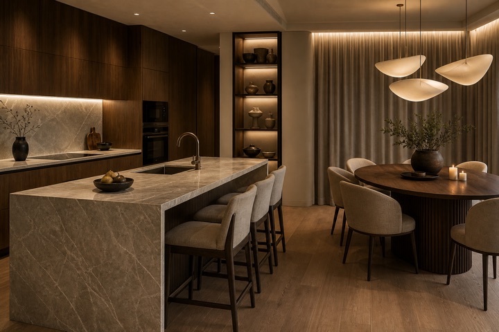 Refined kitchen and dining room with marble, walnut, and soft interior lighting