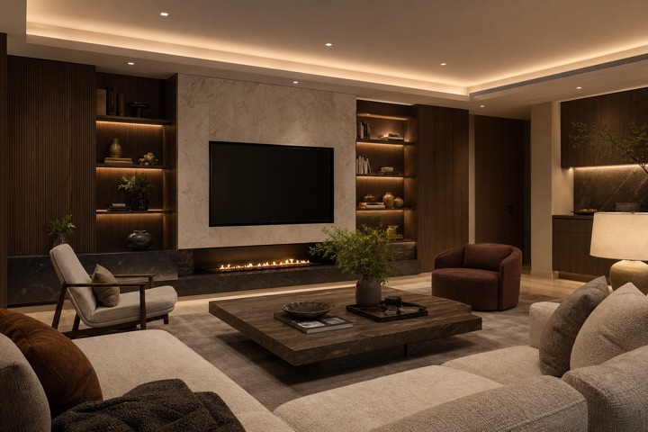 Warm private living room focused on joinery, stone, and layered lighting