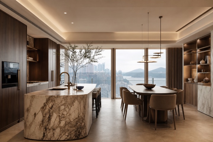 私人公寓开放式厨房及餐厅概念图