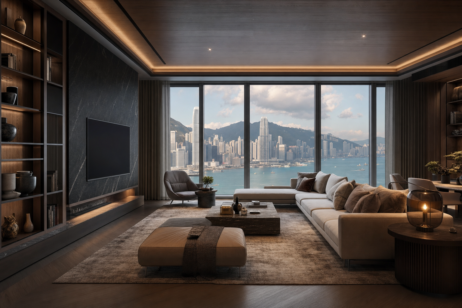 Concept rendering of a quiet lounge with a framed harbour view