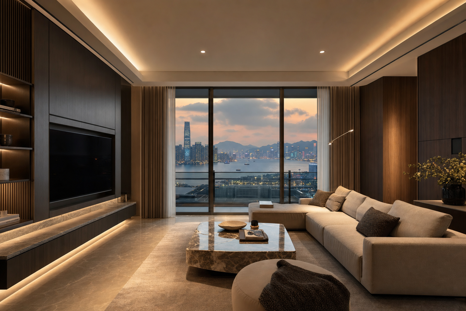 Concept rendering of a harbour view private living room in Hong Kong