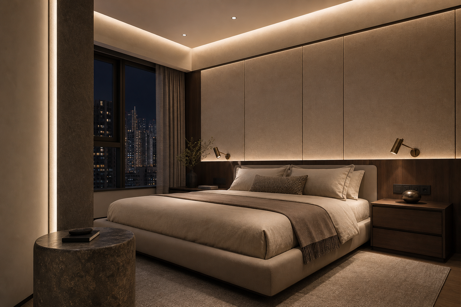 Concept rendering of a warm compact city bedroom with indirect lighting